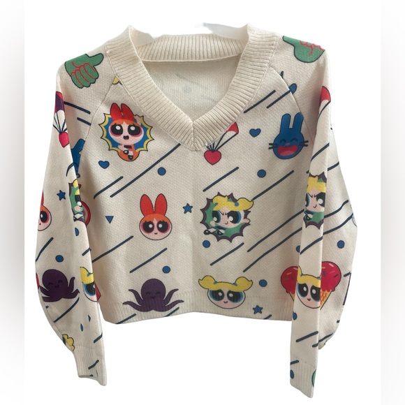SHEIN The Powerfuff Girls X Sz(S) V Neck Cartoon Pattern Reglan Sleeve Sweater - Picture 1 of 6